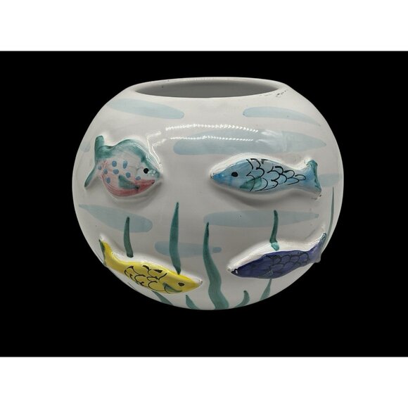Italian Round Pottery Fish Bowl Vase 3D Fish Hand Crafted Hand Vintage Collectib - Picture 2 of 15